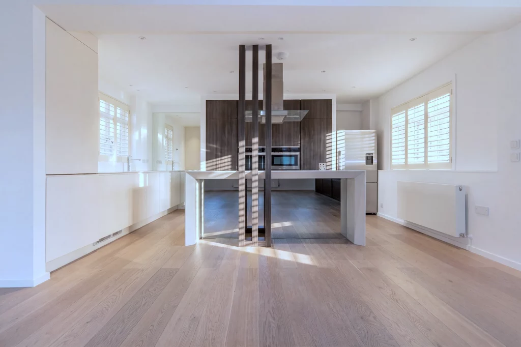 Luxury apartment media kitchen layout and lighting by Vanity Pix