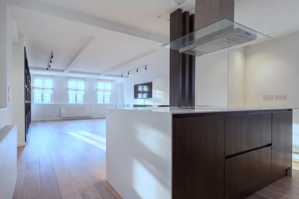 Luxury apartment media kitchen layout photography view by Vanity Pix