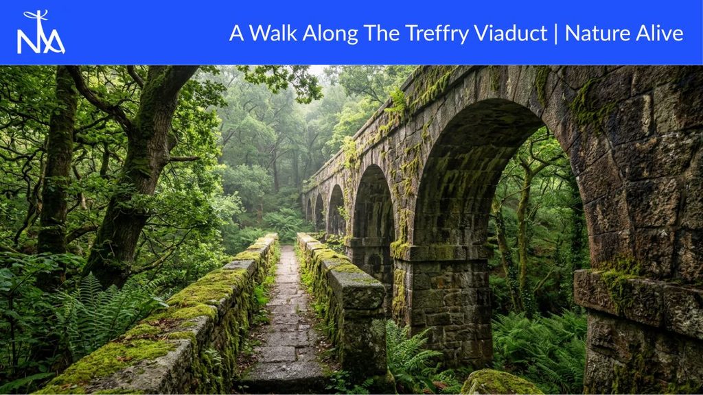 A stone viaduct covered in moss and lichen stretches across a lush, green forest. A narrow, stone path runs alongside the viaduct, leading the viewer into the dense foliage. The trees are tall and ancient, with gnarled branches and thick canopies that filter the sunlight, creating a mystical and serene atmosphere. The overall impression is one of nature reclaiming a man-made structure, resulting in a scene of wild beauty and tranquility.