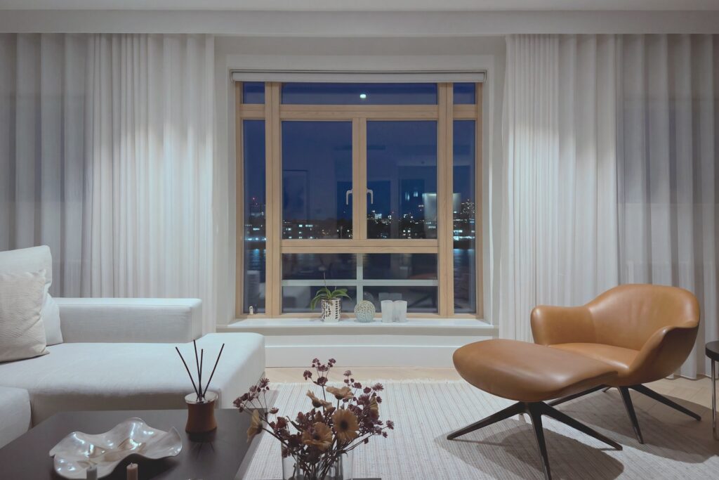 Internal view at night of the living room. Photography by Vanity Pix.